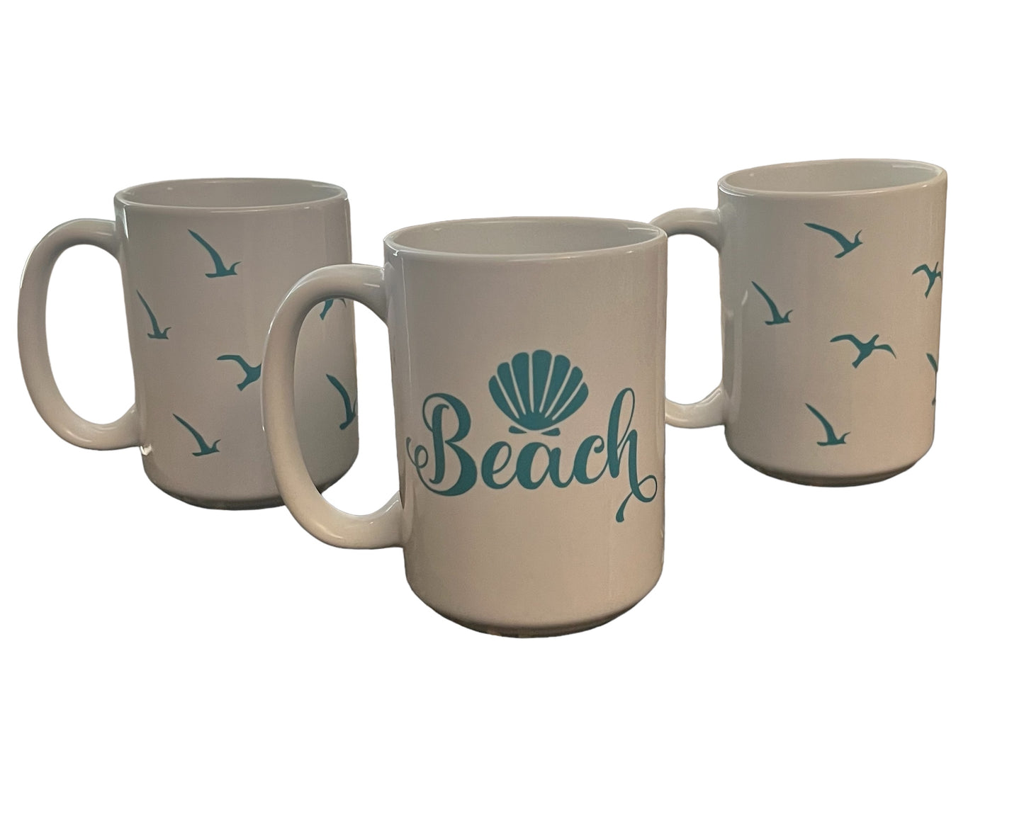 Set of Three 15 oz. Beach and Seagulls Porcelain Mugs