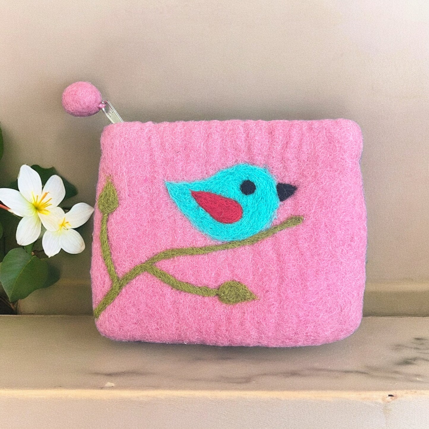 Felted Bird on a Branch Small Pouch