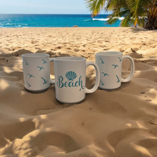 Set of Three 15 oz. Beach and Seagulls Porcelain Mugs
