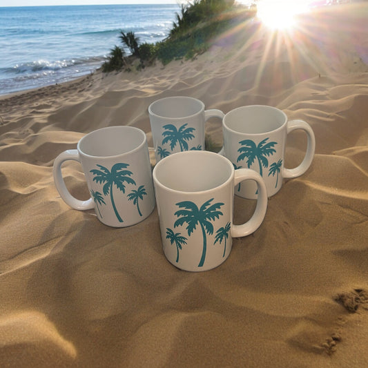 Set of Four 15 oz. Palm Trees Porcelain Mugs