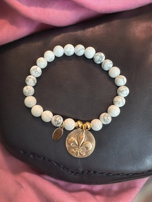 Fleur De Lis Natural White Howlite Bracelet